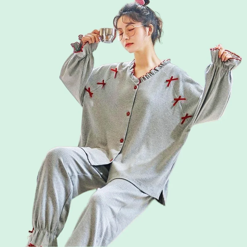 Women's Pajamas Set Sweet Full Sleeve Sexy Bow T-shirt Long Pants Pyjama Spring Homewear Cozy 100% Cotton Sleepwear Korean Style