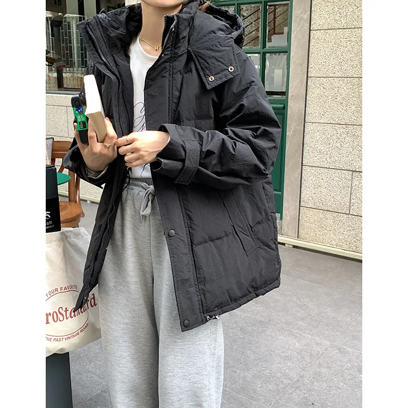 Solid Color Casual Hooded Down Jacket Women's 2022 Winter New Loose Small White Duck Down Jacket Thick Coat Regular With Zipper