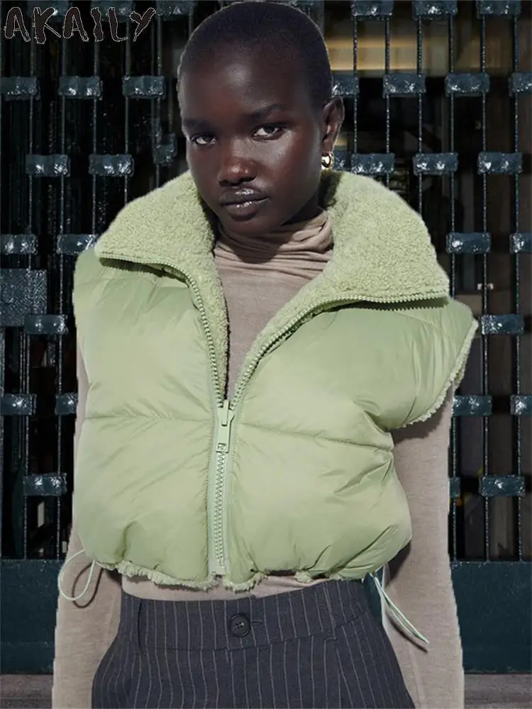 

Akaily зеленая Двусторонняя стеганая куртка, уличные наряды для женщин 2023, осенне-зимний чокер, плюшевый жилет на молнии, муха, пуховое пальто без рукавов