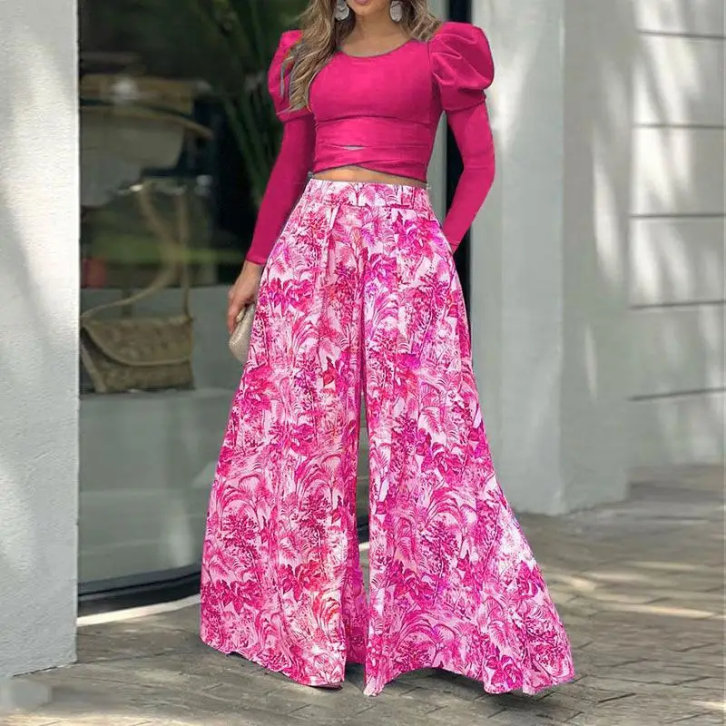 Women's Puff Sleeves Long-sleeved Top 2022 Autumn New Loose Printed Trousers Fashion Casual Wide Leg Pants Suit Women Oufit