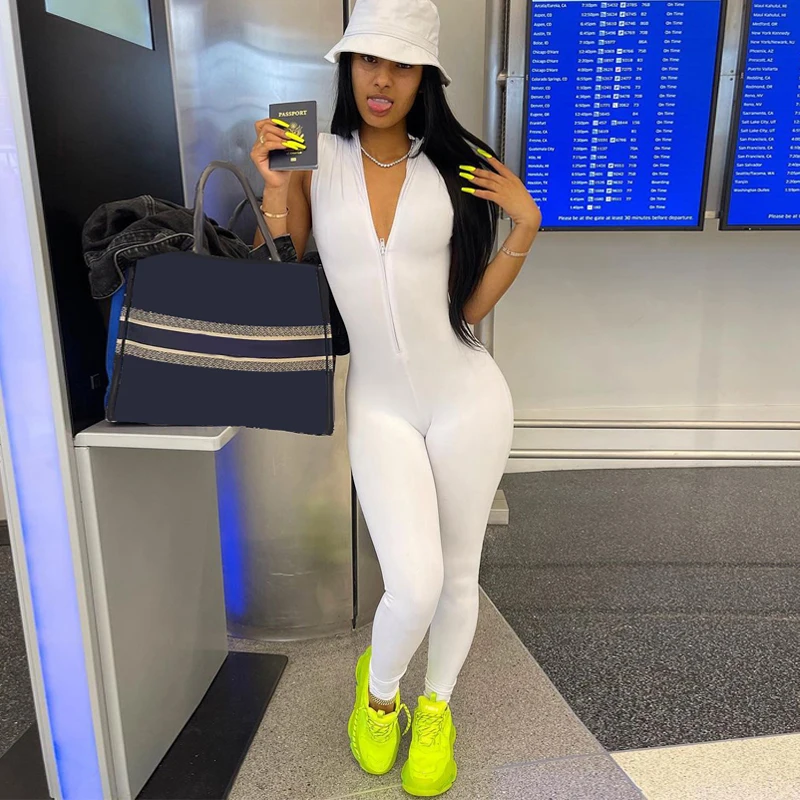 

Женский Облегающий комбинезон без рукавов, однотонный спортивный комбинезон на молнии в стиле пэчворк, Повседневная Уличная одежда, сексуа...