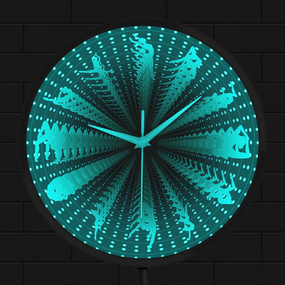 

Gymnastics Girls Silhouette LED Lighting Wall Clock Athlete Girl Gymnast Home Decor Infinity Mirror Tunnel Night Light Clock