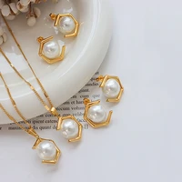 neutral imitation pearl geometry pendant necklace earring titanium steel jewelry set for women 2022 gift anniversary wholesale