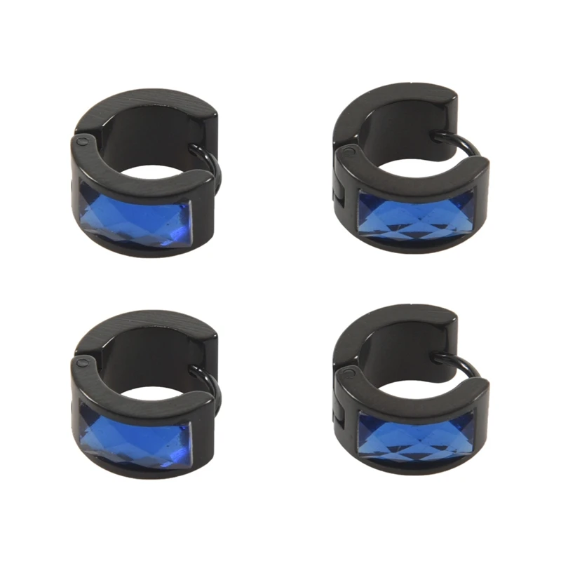 

4x Velvet Bag Jewelry Men's Earrings, Stainless Hoop Earring Stud, Blue Black