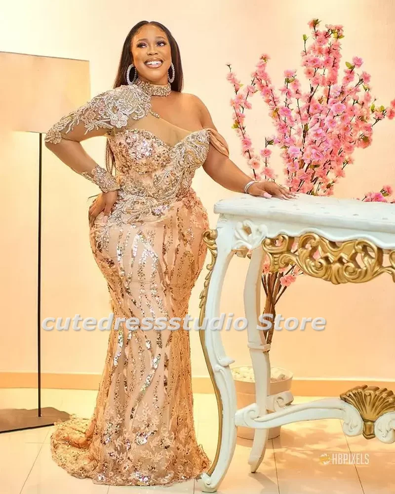 

Formal Aso Ebi Gold Plus Size Evening Dresses For Women Party Beading Sequin Mermaid Prom Gowns African Wedding Reception Dress