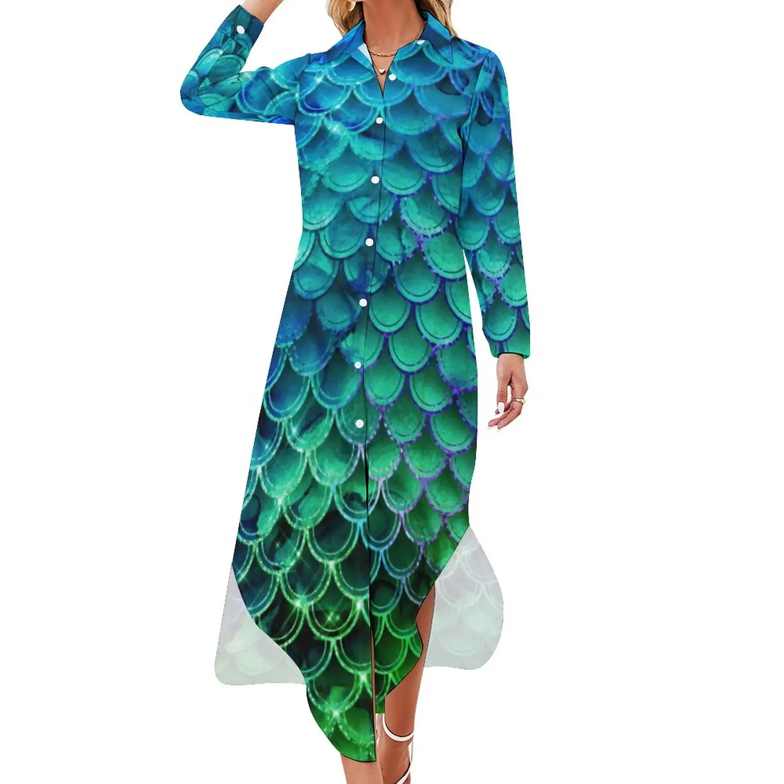

Fish Mermaid Chiffon Dress Sexy V Neck Blue Green Ombre Kawaii Dresses Female Aesthetic Casual Dress Birthday Gift
