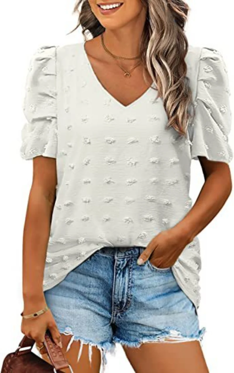 

Blusas 2023 Summer Sweet Blouse O-neck Fashion Women's Casual Shirts Women V-neck Puff Sleeve Thin Loose Plaid Shirt 24988