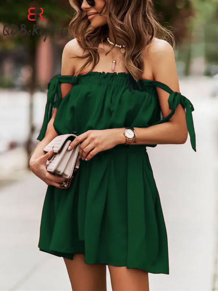 

Green Sexy Strap Women Short Dress Summer Slash Neck Backless Beach Sundress with Belt Lace-up Casual Mini Dress for Women 2023