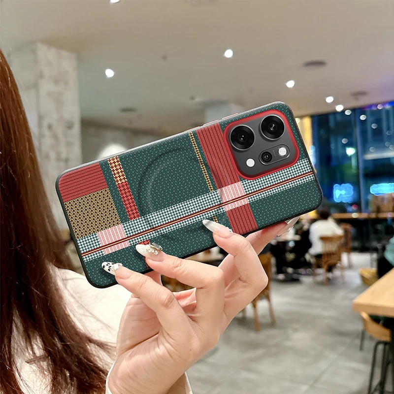 Фото Чехол для Oppo Reno14 Pro, красный, зеленый, в полоску, кожаный чехол Magsafe, индивидуальные металлические ключи, матовый, противоскользящий, мягкий чехол №2