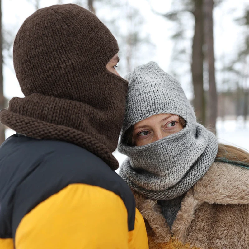 Unisex Knit Scarf Hood Hat Winter Women Cashmere Beanie Bonnet couple look Wool Neck&Face Protect Balaclava Men Hooded