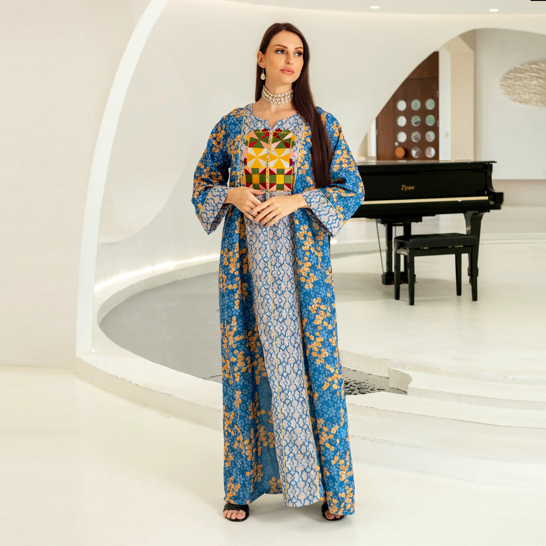 

Fashion Embroidery Dobby Cotton Jalabiya Muslim Woman Long Dress Abaya for Women Arab Dresses Dubai and Turkish Clothes Kaftans