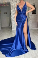 royal blue sexy prom dress 2022 deep v neck high slit spaghetti strap ruched sleeveless empire waist chapel train evening gowns