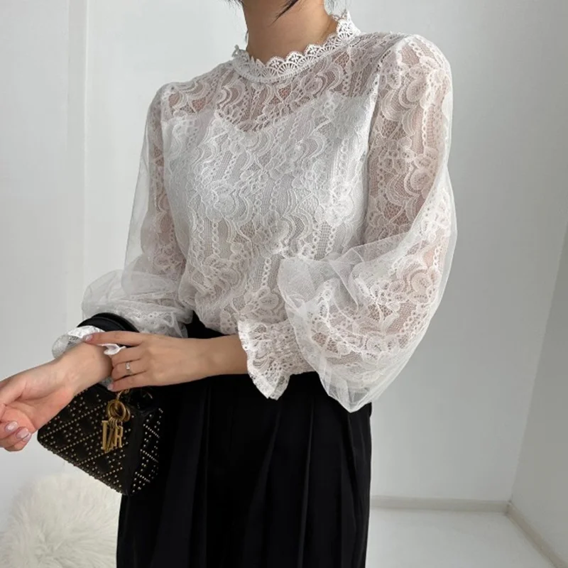 

Stand Neck Spliced Lace Loose Shirt For Women Puff Sleeve Hook Flower Elegant Solid Color Blouse Top 2023 Spring New H093