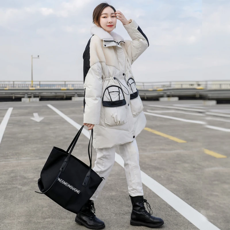 Зимняя женская куртка на 90% белом утином пуху теплая парка меховое шерстяное