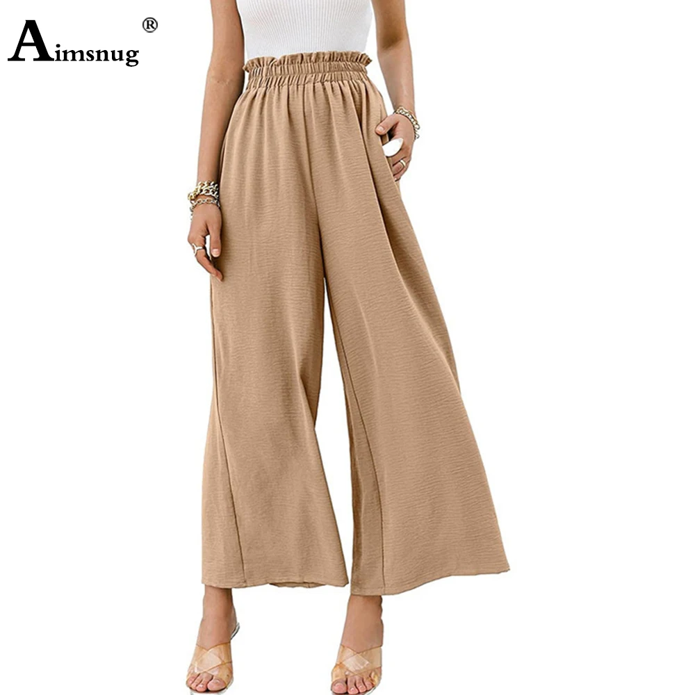 Women's High Cut Wide Leg Pants 2022 Khaki Linen Trouser Elastic Waist Pocket Casual Loose Pantalon Female Ankle-Length Pants