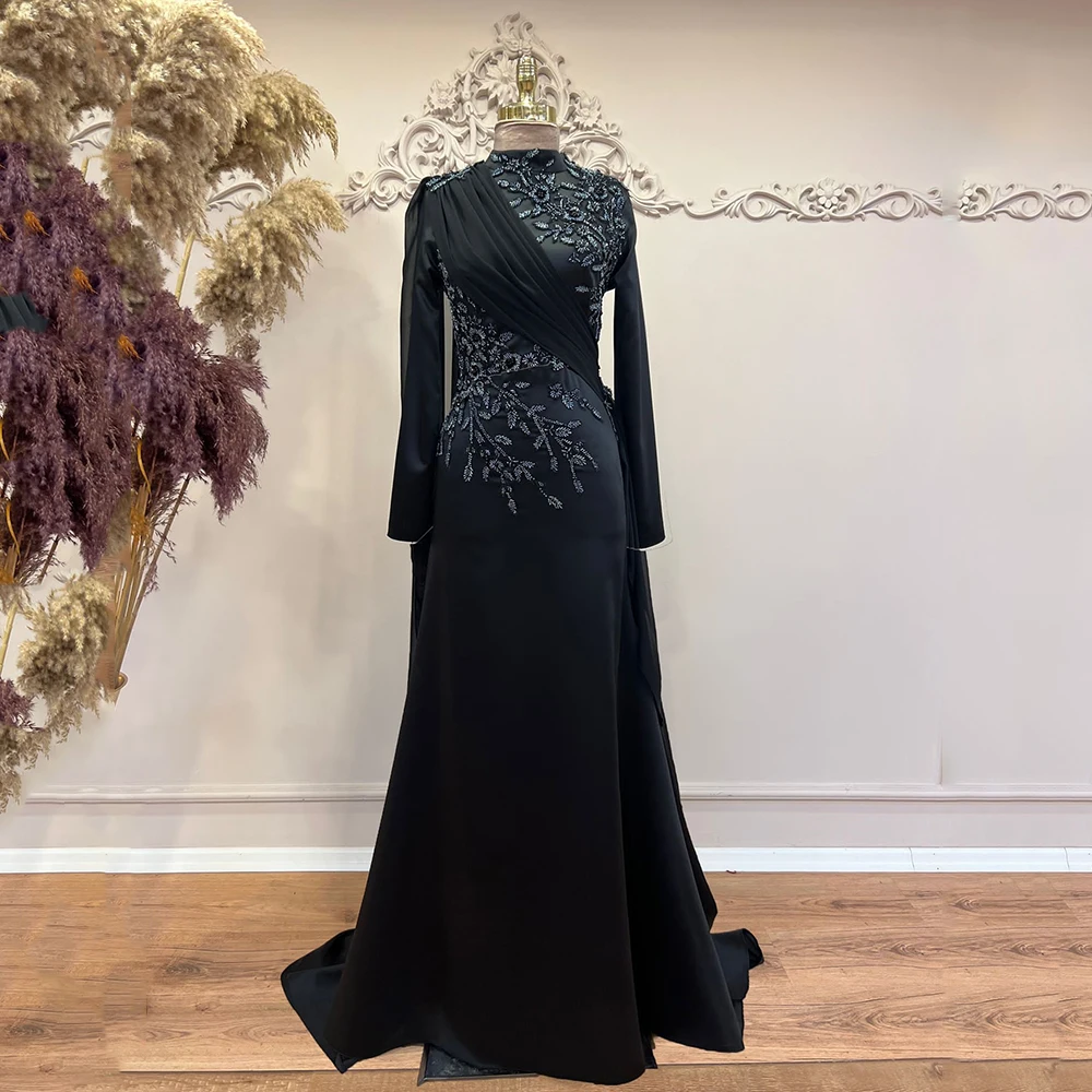 

Black Evening Dresses For Women High Neck Full Sleeves Prom Gowns With Beading Mermaid Sweep Train فساتين مناسبة حسب الطلب