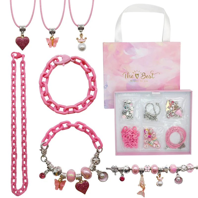 

1Set Pink Tassel Heart Pendant Bracelet Kit DIY Charm European Bead Necklace Fashion Children's Gift Jewelry Making