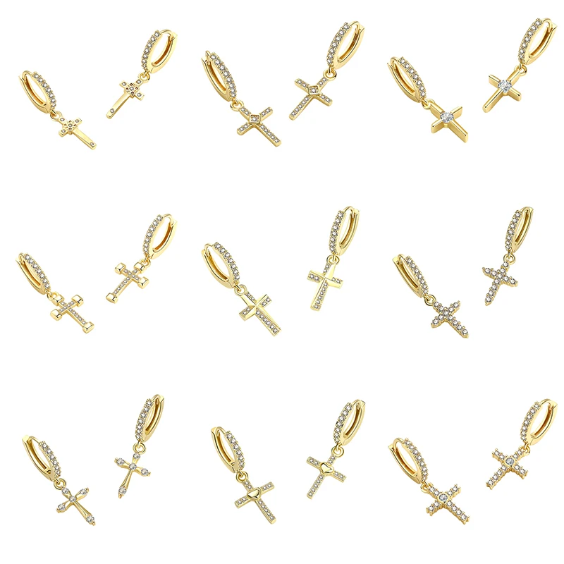 

New Trend Sideways Cross Earings For Girls Free Shipping Gold Copper Inlaid Zircon Earring Accessories Tragus Jewelry Серьги