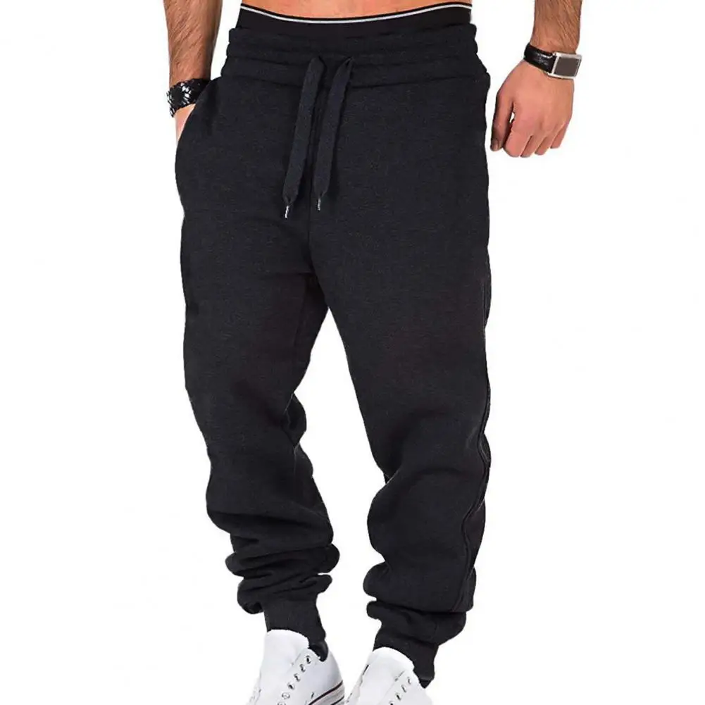 

Side Pockets Elastic Waist Casual Trousers Plush Lined Solid Color Adjustable Drawstring Men Fitness Pants for Outdoor Sports