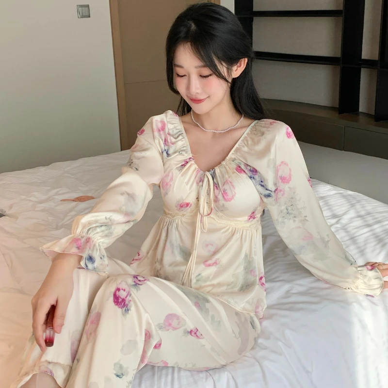 2023 Pajamas for Women Spring and Summer V-neck Long-sleeved Flower Fairy Sweet Lace Home Service Suit Casual and Soft Nightwear