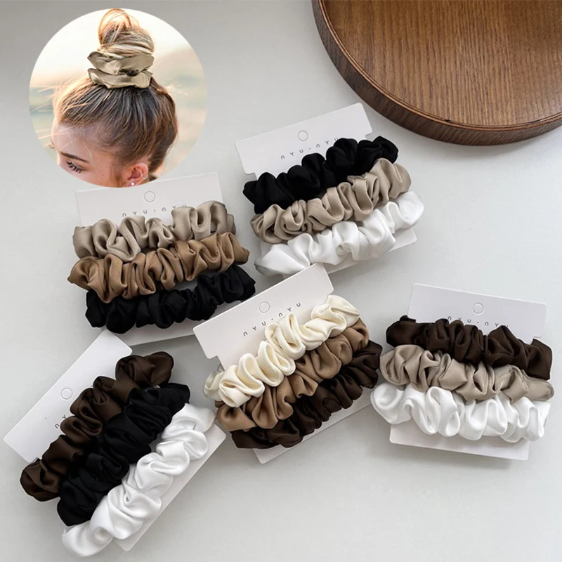 

3pcs/set Elegant Satin Scrunchies Korean Woman Elastics Hair Bands White Black Coffee Ponytail Holder Hair Rope Hair Accessories