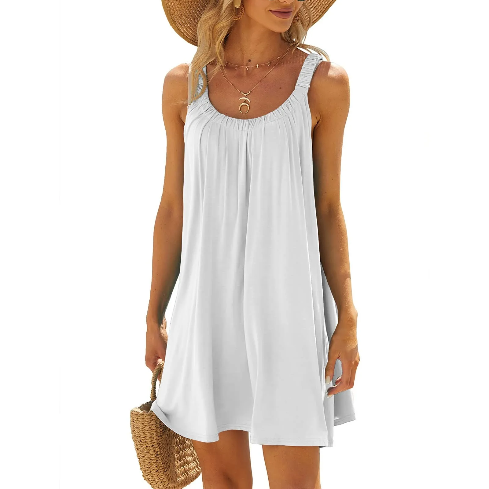 Summer Beach Dress Women 2023 Polyester Short Sleeve Round Neck Tops Casual Loose Dress Female Street White Dress Vestidos