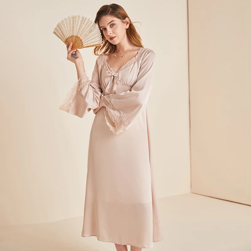 Vintage Palace Style Silky Nightdress Lace Nightgown for Women Sexy Satin Pajamas Dress Loungewear Nightwear