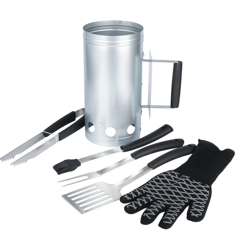 

Steel Charcoal Chimney 6pc Value Set with Spatula, Basting Brush, BBQ Fork, Tongs and EN407 Certified 932F Heat Resistant Glove
