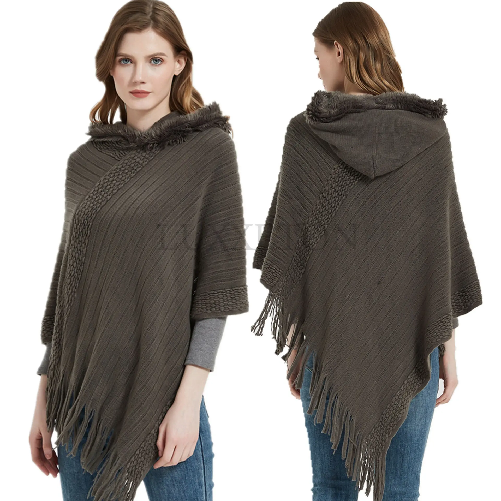 

Winter Warm Knitted Ponchos for Women Solid Stripe Shawls Luxury Caps Tassel Pashmina Wraps Autumn Ladies Sweater