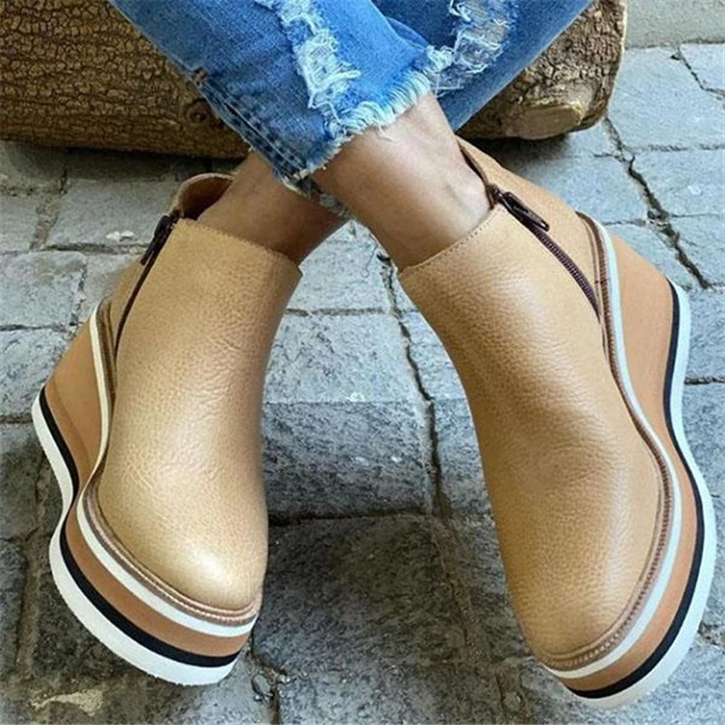 

Large Size Women's Shoes Casual Round Toe Wedge Heel Solid Color Low-top British Thick-soled Platform Women's Boots Ankle Boots