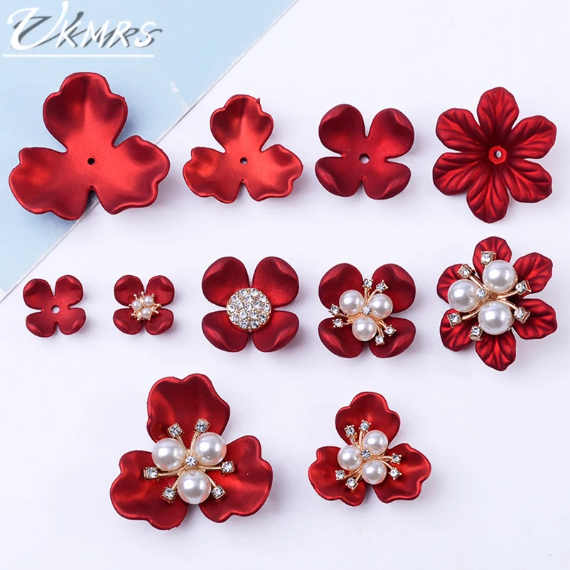 

UKMRS DIY Handmade Pearl Rhinestone Jewelry Accessories Petal Bridal Clothing Red Flowers Hair Accessories Wholesale Pendant