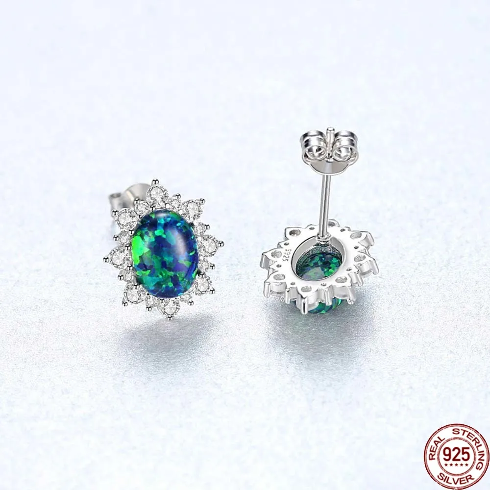 

BABIQU 925 Sterling Silver Oval Stud Earrings for Women Exquisite Shiny Cz Flower Opal Three Colors Joyas De Plata Jewelry Gifts