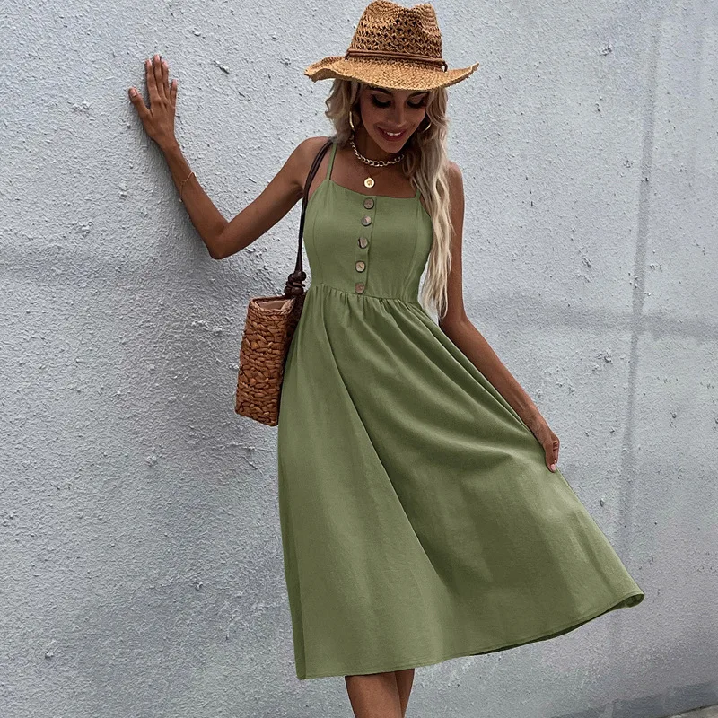 

Summer Spaghetti Strap Slim Solid Cotton Linen Bohemia Dress Ladies Button Casual Beach Dress Sexy Backless Pleated Short Dress