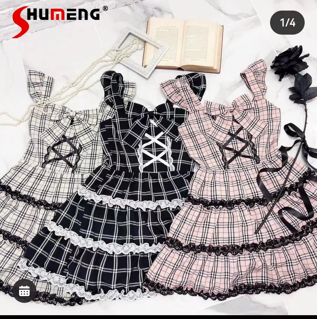 Japanese Style Lolita Woman Bow Plaid Suspender Dress 2023 Spring Summer New Sweet High Waist Sleeveless Ruffled Sling Dresses