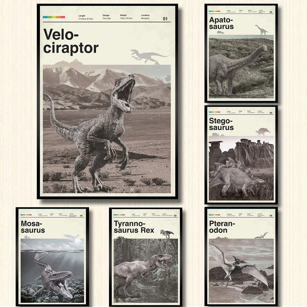 

Vintage Dinosaur Poster Scandinavian Canvas Painting Nordic Home Art Print Animals HD Wall Picture For Living Room Home Decor