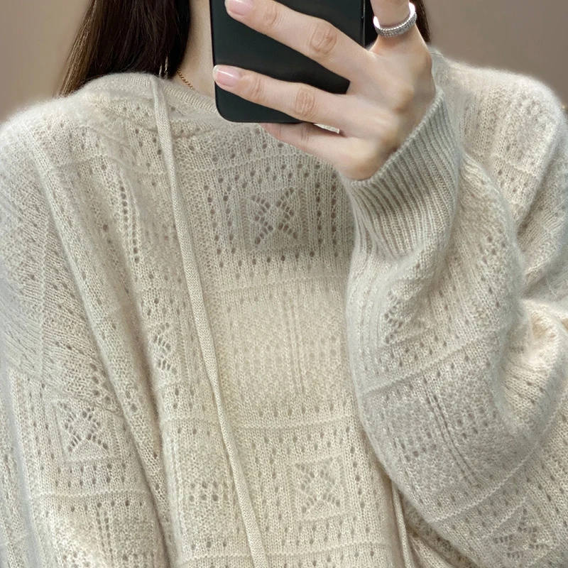 

Women's Hooded 7G Hollow Pullover Sweater Fresh Delicate Comfortable Warm Wool Sweater N2299