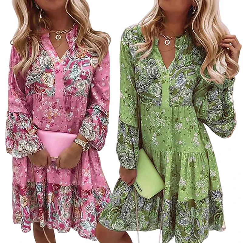 

Женские плиссированные платья с V-образным вырезом, женское модное пляжное платье, одежда большого размера с длинным рукавом, элегантное пл...