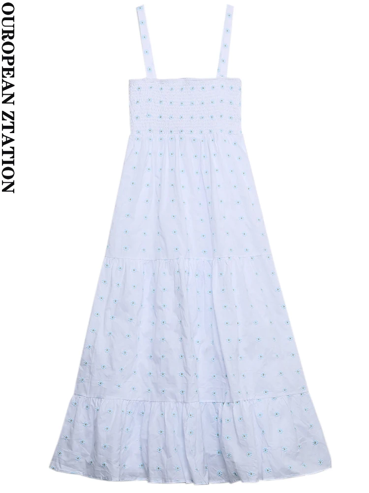 

PAILETE Women 2022 fashion flowers embroidery panelled midi dress vintage backless smocked wide straps female dresses vestidos