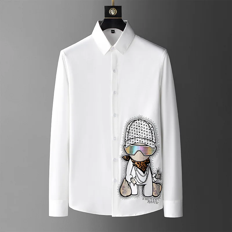

New 22 Men luxurious leopard Diamond Rhinestones Sunglass Fashion Cotton Casual Shirts Shirt high Pocket Long-sleeves 5XL #A671