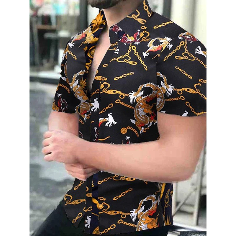 

Fashion Men Shirt Hawaii Buttons Shirts Casual Dragon Print Beach Short Sleeve Tops Blouses Men's Clothing Prom Cardigan Camisas