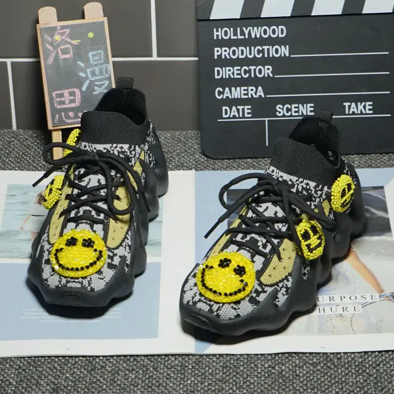 

Heavy industry rhinestone smiley low-top elastic knitted socks shoes sports leisure wild octopus shoes 35-40
