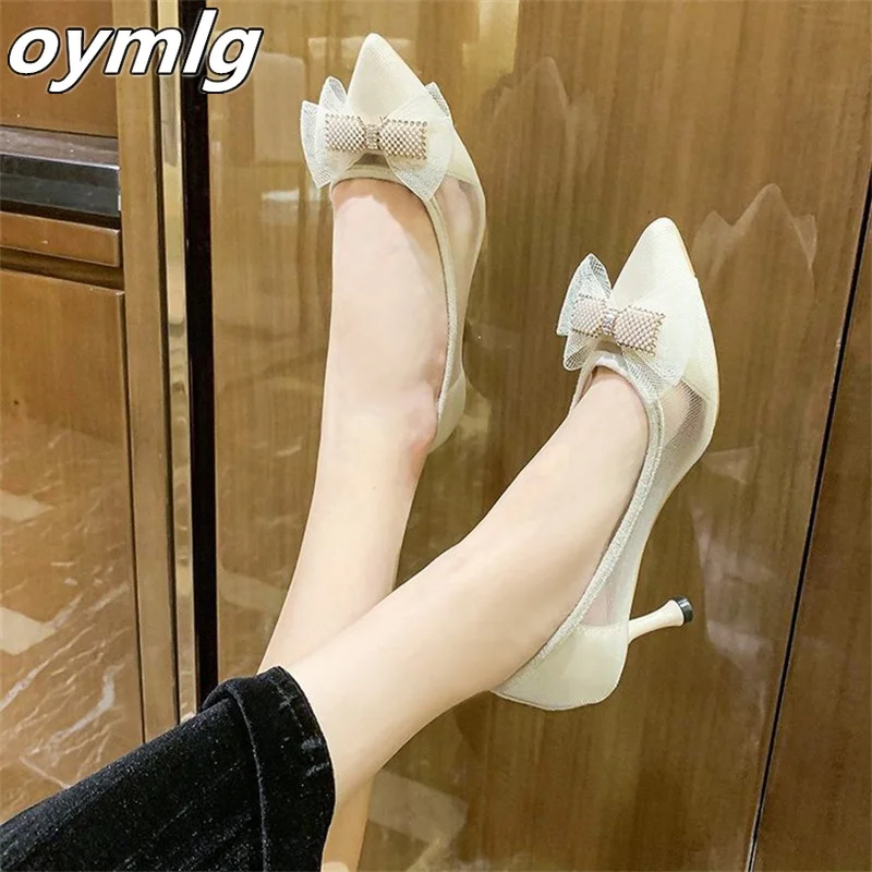 

High heels women's stiletto bow mesh pearl breathable pointed toe shallow mouth single shoes fairy wind 2022 spring new