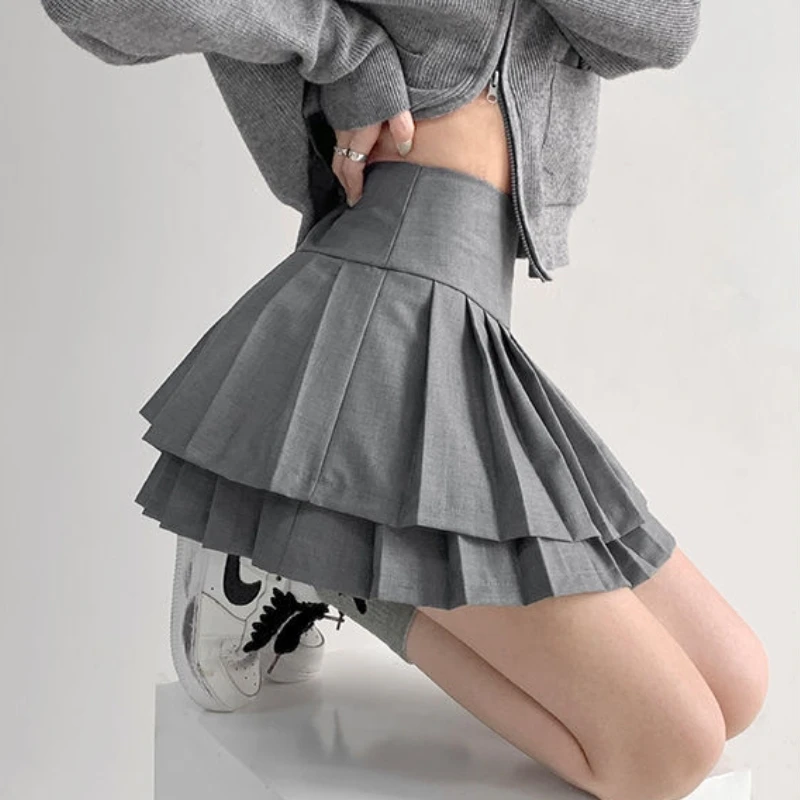 

Preppy Style Double Pleated Skirt Women Korean Skort Summer 2022 Sexy Y2k High Waist Patchwork Solid Mini Skirt A-line Casual