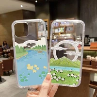 grassland natural scenery phone case for iphone 13 12 11 mini pro max transparent super magnetic magsafe cover