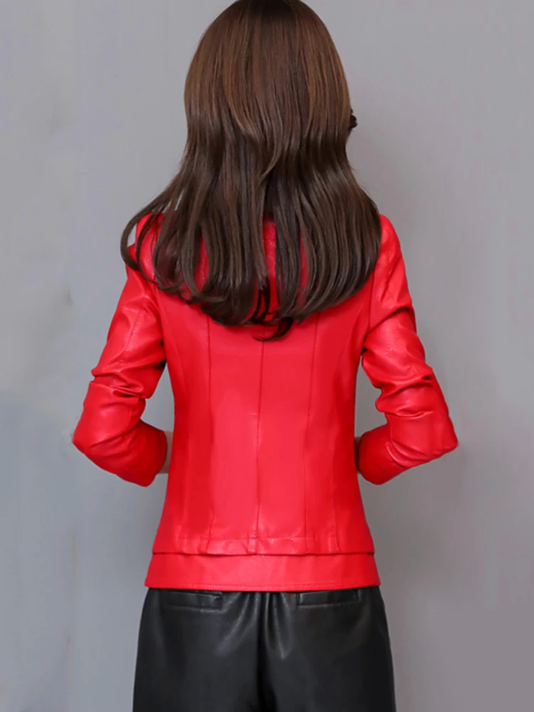 New Women Leather Jacket Spring Autumn Fashion Trend Chic Small Stand Collar Slim Waist Split Leather Cool Style Short Coat