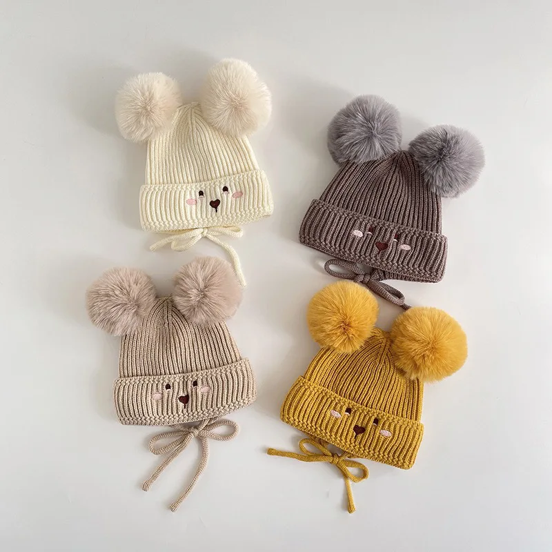 

Cute Pom Poms Thickened Wool Cap 2023 Brand New Girls Cartoon Soft Warm Knitted Ear Hat Toddler Boys All-match Knitted Hats