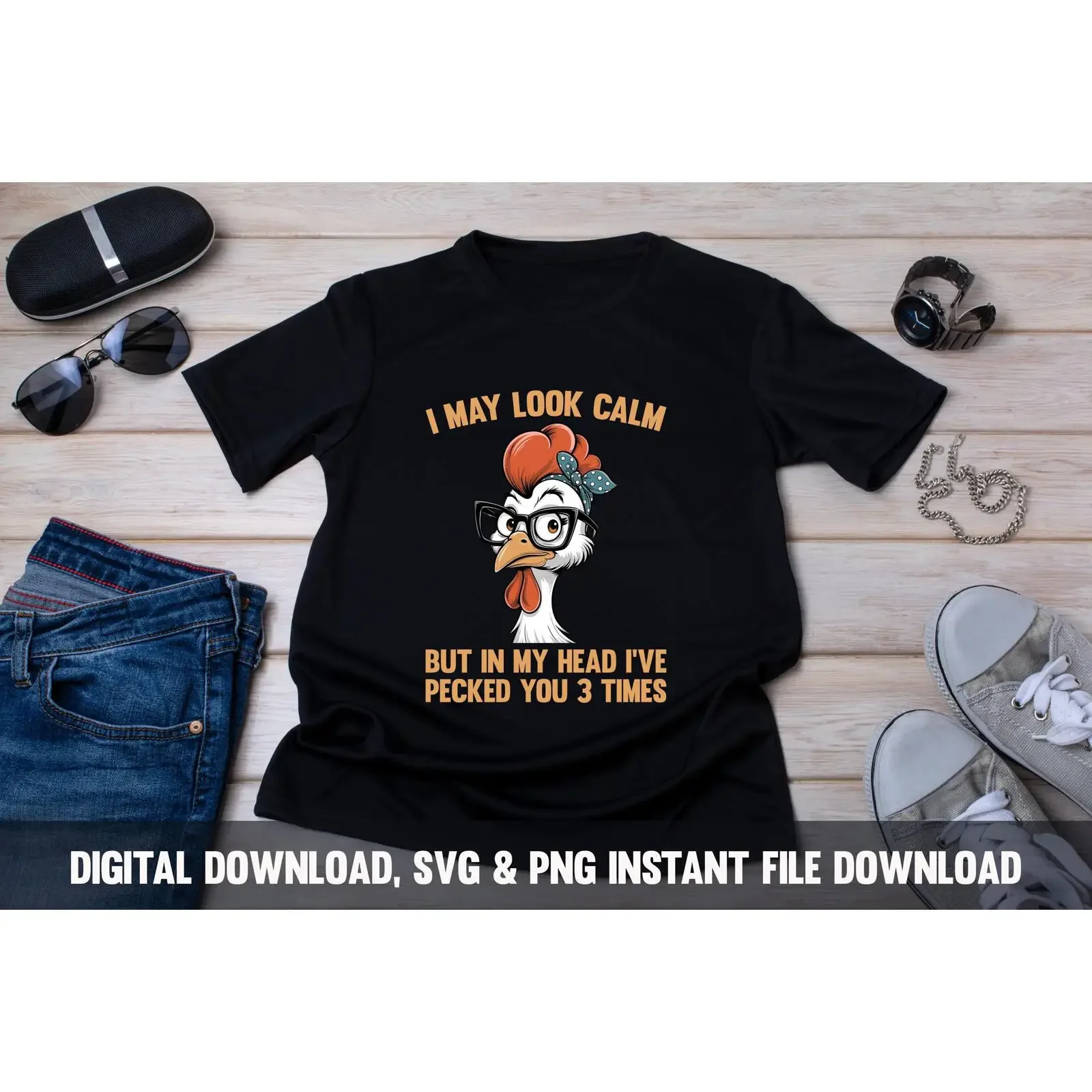 Фото Забавная курица, клюющая, юмор, PNG, SVG, фермерская девушка, цифровая загрузка, винтажный стиль, выстиранный эффект, мягкий, удобный, модный, слегка растянутый. №1