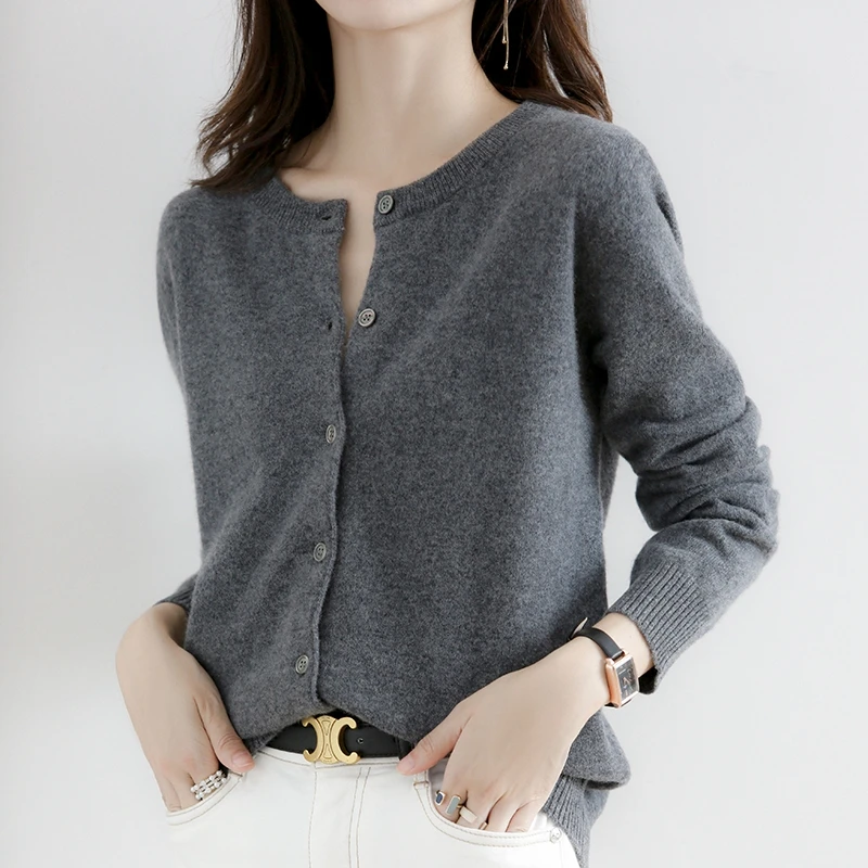 Осень 2024 новый шерстяной женский кардиган. Куртка с круглым вырезом однотонный