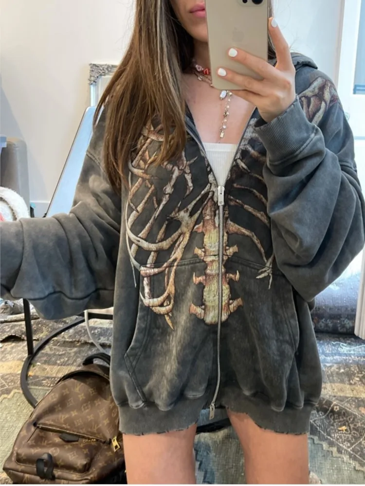 

Punk Harajuku Hoodie Printed Zipper Skull Long Sleeve Casual Top Dark Gothic Streetwear Men's and Women's Tops y2k Tops E-gril