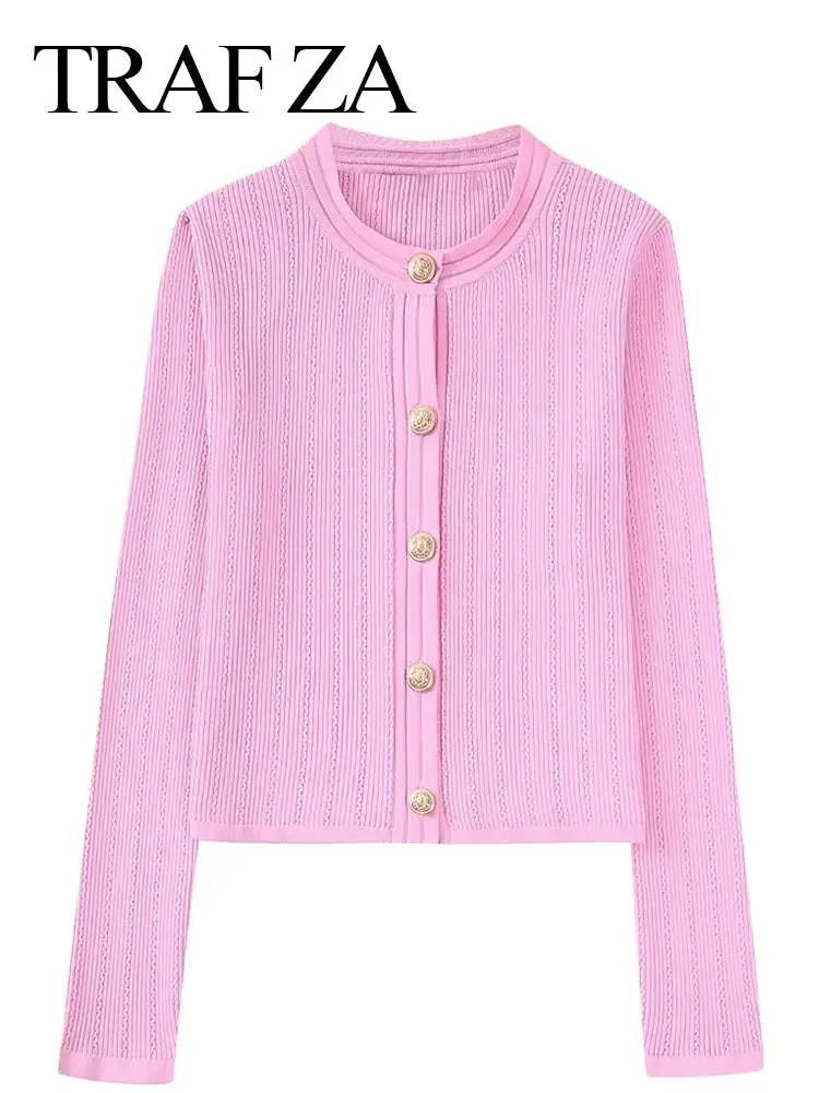 

Элегантный однотонный розовый кардиган TRAF ZA, однобортный приталенный модный Удобный вязаный Топ, женская одежда, весна 2022